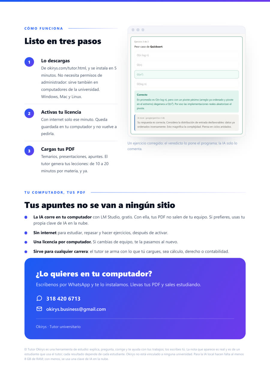 Folleto del Tutor Okirys, página 4: instalación y contacto